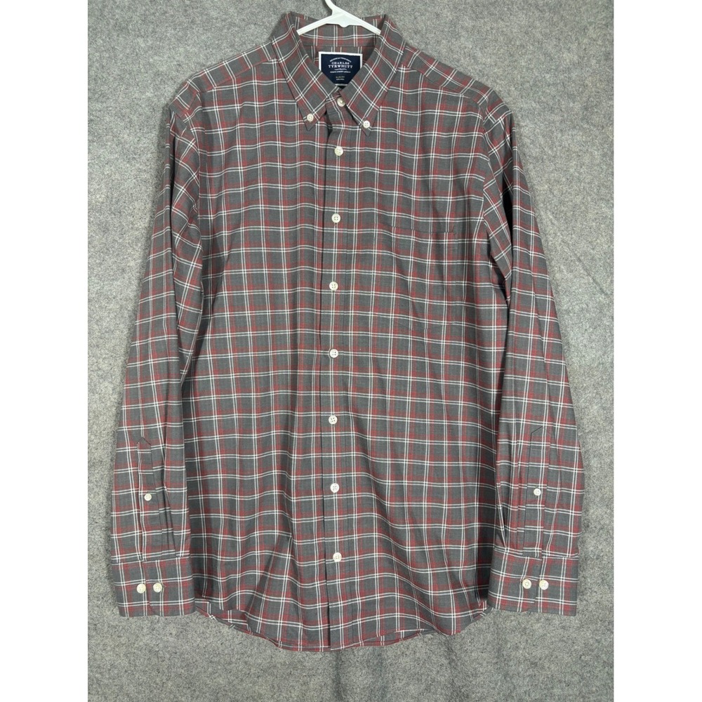 Charles Tyrwhitt Mens Slim Fit Non-Iron Plaid‎ Button Down Shirt Grey Red Large